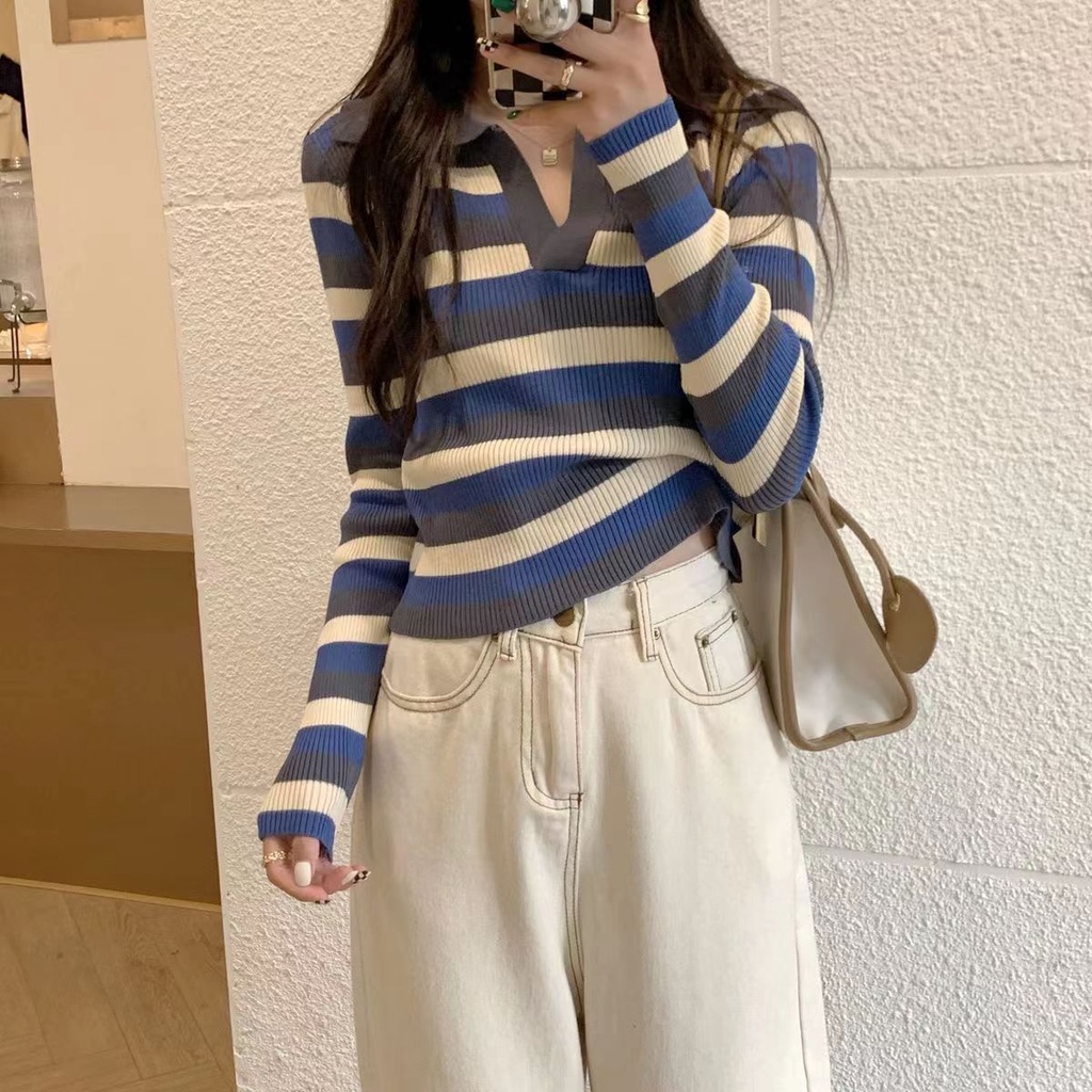 Rajut Stripe Shirt Wanita Baju Garis Garis Wanita Lengan Panjang