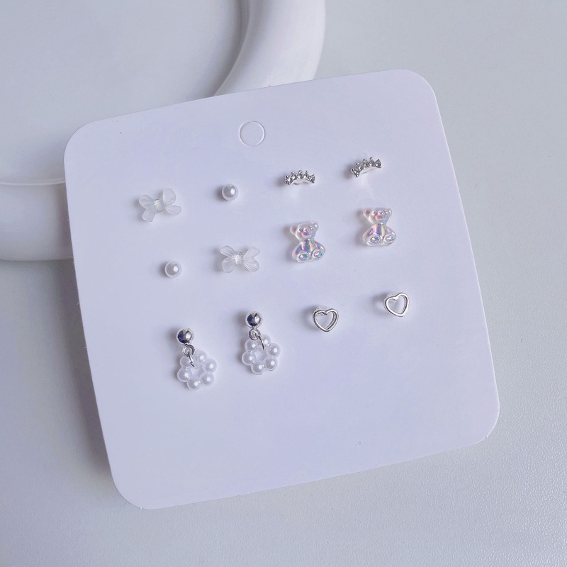 6 Pasang / Set Anting Tusuk Silver S925 Wanita Desain Hati / Bunga / Pita / Beruang Hollow Hias Mutiara