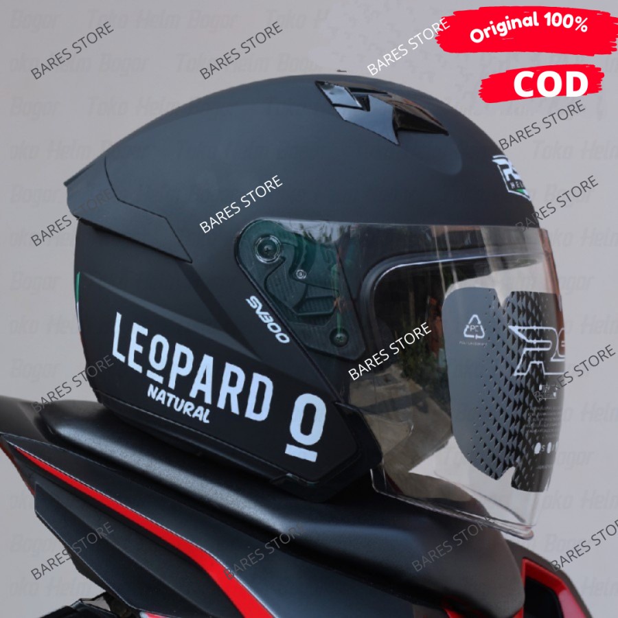 Helm motor half face original rsv sv300 black doff sticker leopard white sni