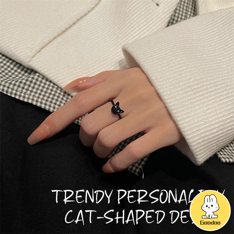 Cincin Kucing Hitam Wanita Trendi Desain Niche Cincin Jari Telunjuk Fashion Kepribadian Cincin -Doo
