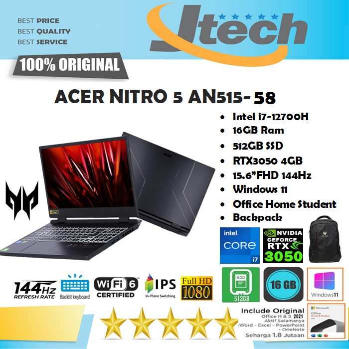 ACER NITRO 5 AN515-58 - i7-12700H - 16GB - 512GB SSD - RTX3050 4GB  - 15.6&quot;FHD IPS 144Hz - WIN11 - OHS