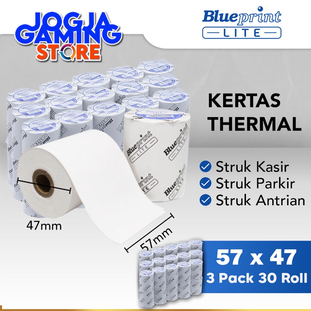 

KERTAS THERMALMURAH PAPER KASIR PPOB PARKIR BLUEPRINT LITE 57x47 - 3 PACK 30 ROLL