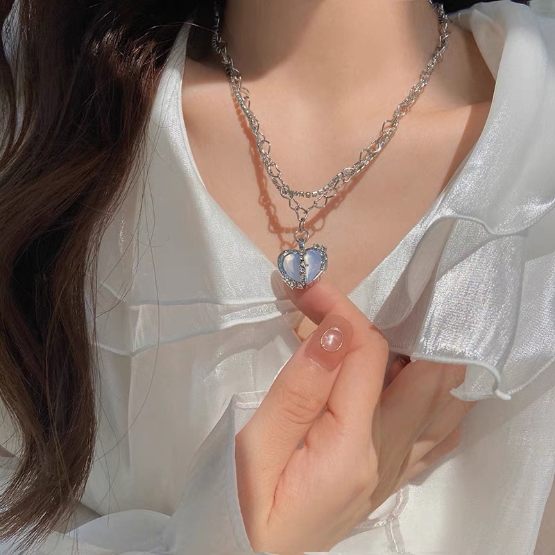 AY(CN) Kalung Rantai Choker Liontin Hati Sayap Malaikat Hias Kristal Mutiara Warna Pink Biru Untuk Wanita