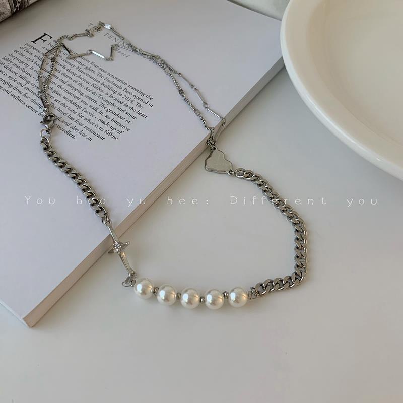 Kalung Choker Rantai Liontin Salib Bintang Aksen Mutiara Gaya Vintage Punk Untuk Wanita
