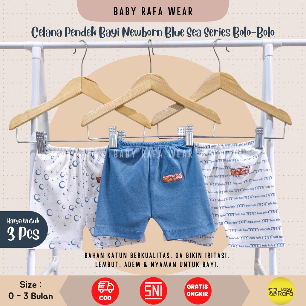 Serian Biru - 3 pcs Celana Pendek Bayi Baru Lahir 0 - 3 Bulan Blue Sea Series merk SNI Bolo - Bolo