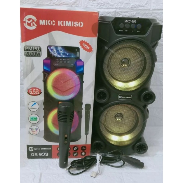 Speaker Bluetooth SQ999 Bonus Mic karaoke Dual Speaker 6,5Inchi X2 Salon Aktif Portable Radio FM wireless Super Bass Lampu Disco Aux memory Card Usb