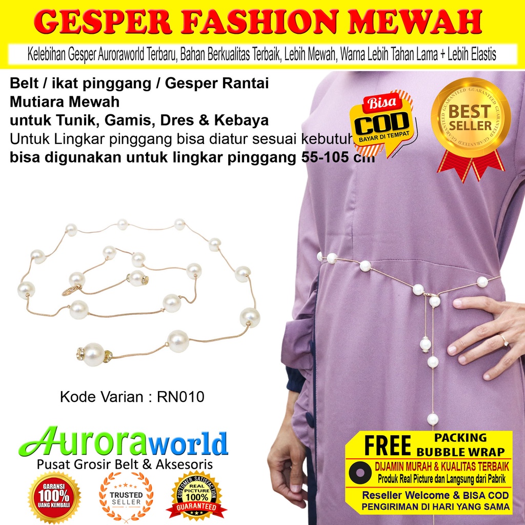 Auroraworld Belt wanita ikat pinggang mutiara gesper rantai perempuan mewah untuk dress gamis tunik tali pinggang cewek Fashion korea Terbaru bisa COD RN-1A