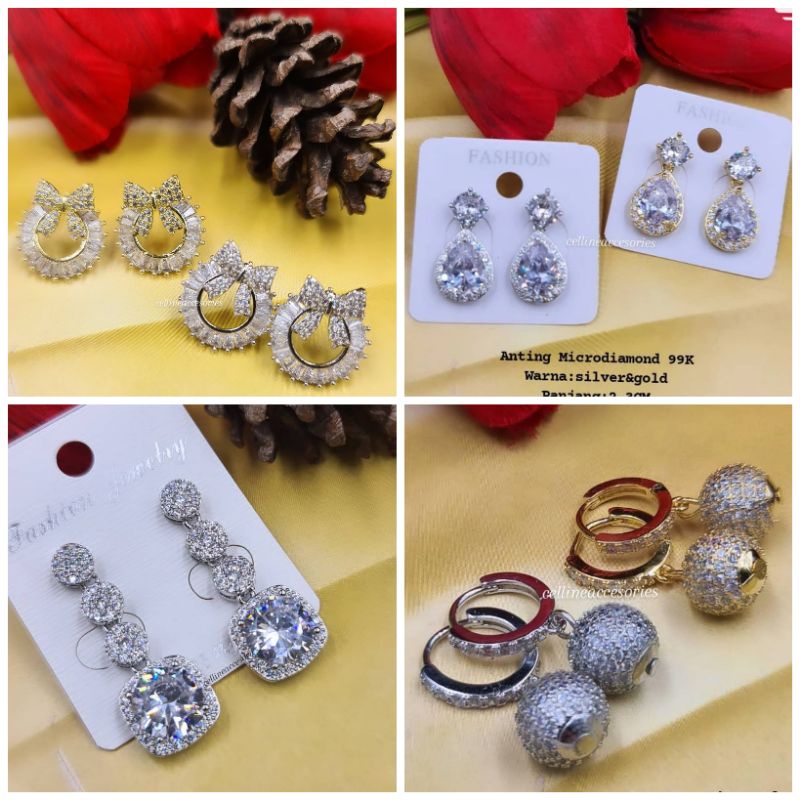 anting fashion gantung panjang bola bola swaroski premium lapis emas anti karat anti alergi