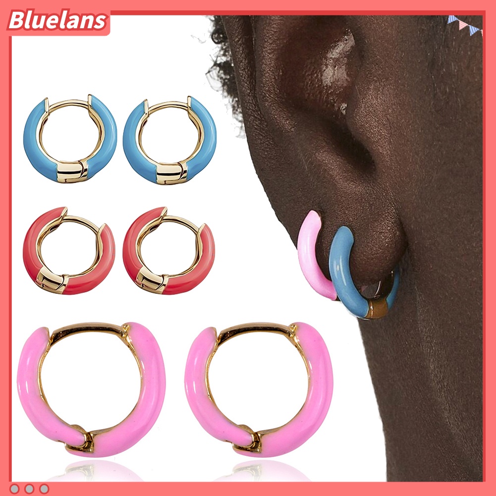 Bluelans Women Fashion Color Block Circle Charm Enamel Huggie Earrings Party Jewelry Gift