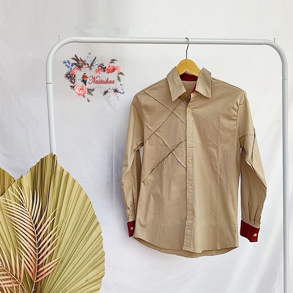 Kemeja Polos Pria Lengan Panjang Slimfit Basic Cream Maroon Kemeja Katun Casual Kerja Kantor Kombinasi 2 Warna