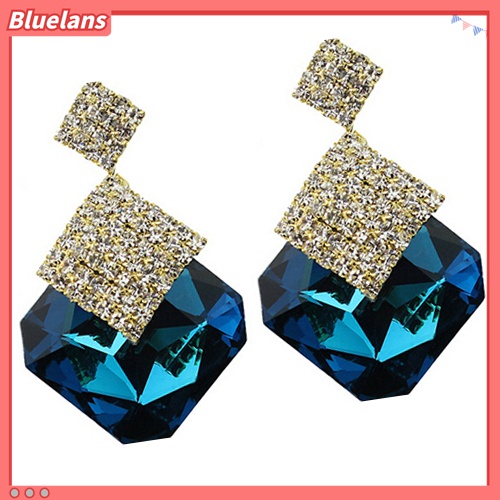 Bluelans Anting Tusuk Gantung Bentuk Kotak Besar Hias Berlian Imitasi Untuk Wanita