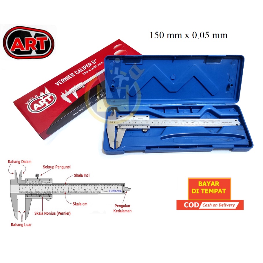 ART Sigmat Besi 6 Inch 0.05 150 mm Jangka Sorong Vernier Caliper Besi Jangka Sorong 0.05 Sketmat 150mm / Stainless Steell Vernier Caliper/ Sigmat Caliper Manual 6&quot;