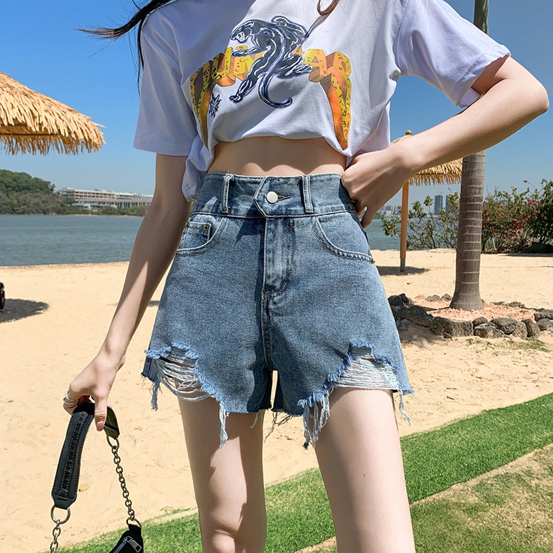 CELANA DENIM PENDEK SOBEK WANITA KOREA MODEL STREET FASHION LONGGAR HIGHWAIST JEANS DENIM REMAJA