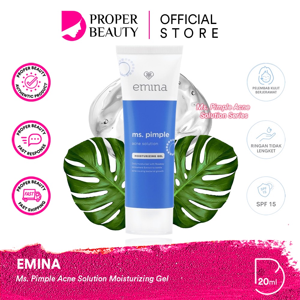 EMINA Ms. Pimple Acne Solution Moisturizing Gel Indonesia / Pelembab Wajah 20ml / Daily Moisturizer With Rosebay Willowherb Extract To Battle Acne-Causing Bacterial Growth / Kulit Jerawat Berjerawat / Skincare Face Care Facial Krim Day Night Muka / Series