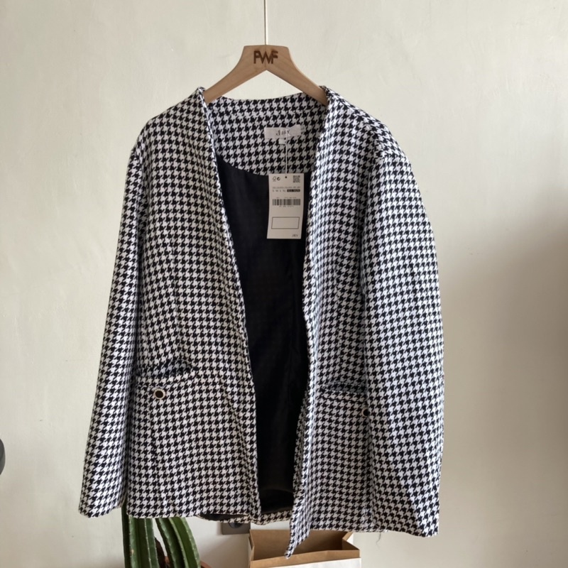 Blazer Houndstooth / Baju Outer Blazer Black Import