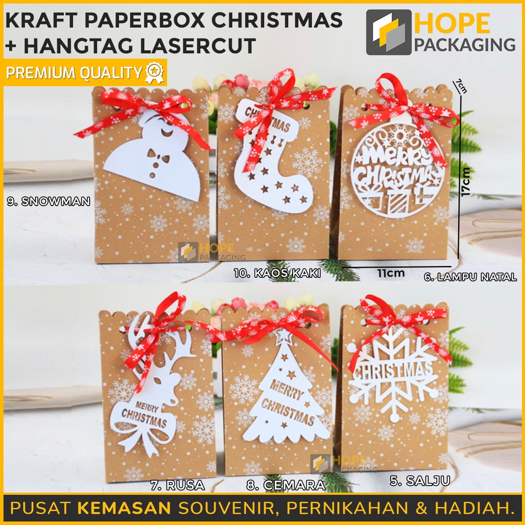 [3 pcs] Kraft Paper Box Natal + Hangtag snowflakes Tas Kertas Coklat Motif  Souvenir Natal Pita Merah