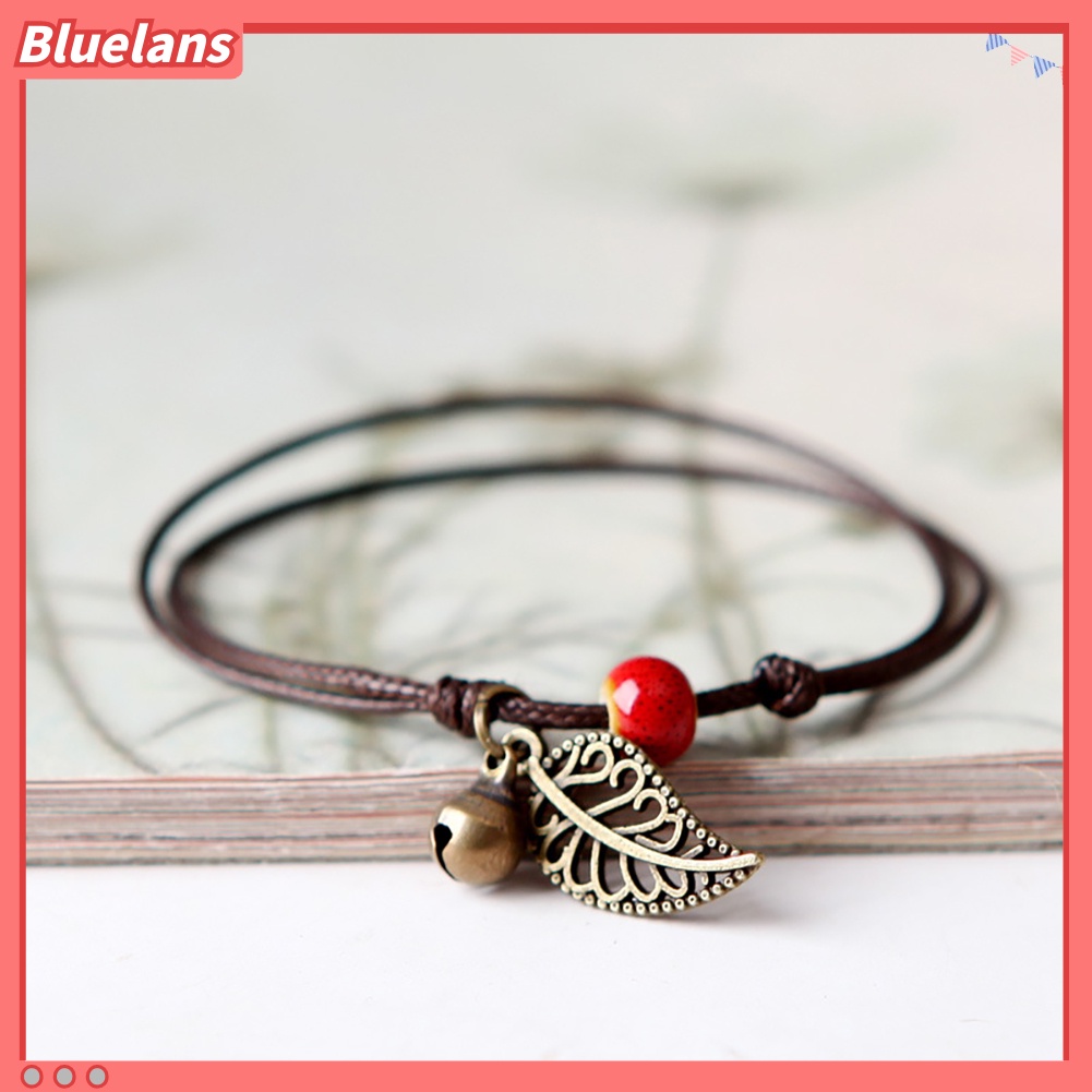 Bluelans Gelang Tali Rantai Manik-Manik Keramik Dengan Liontin Daun Gaya Vintage Untuk Pasangan