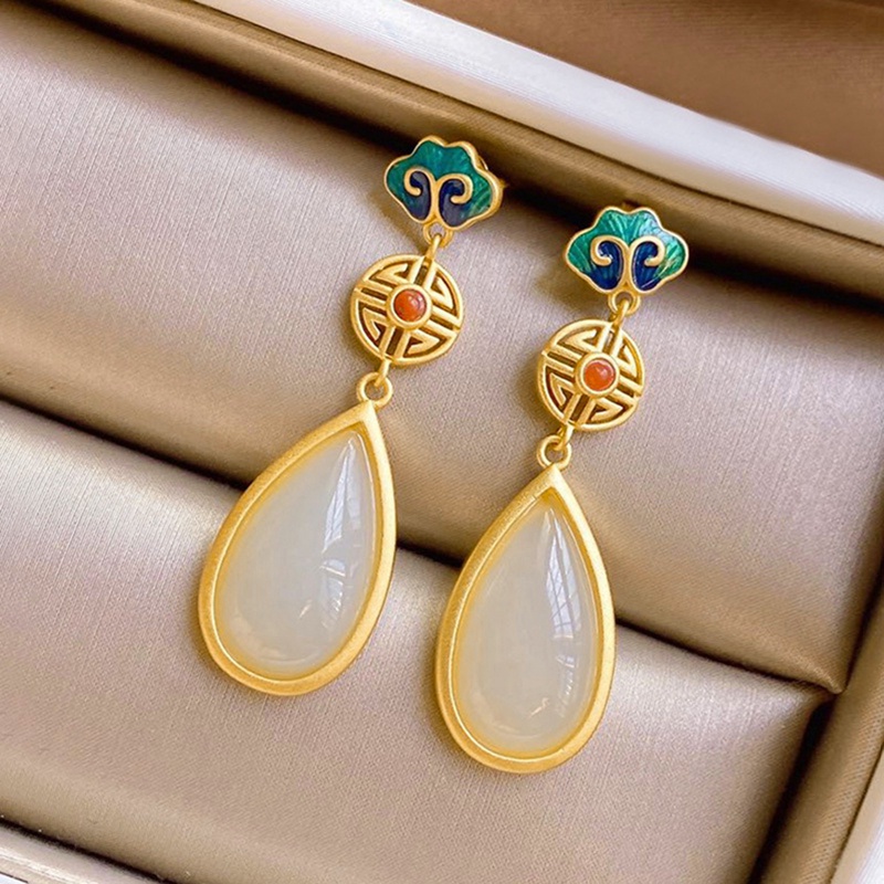 Anting Gantung Sterling Silver Dengan Batu Giok Hetian Untuk Wanita