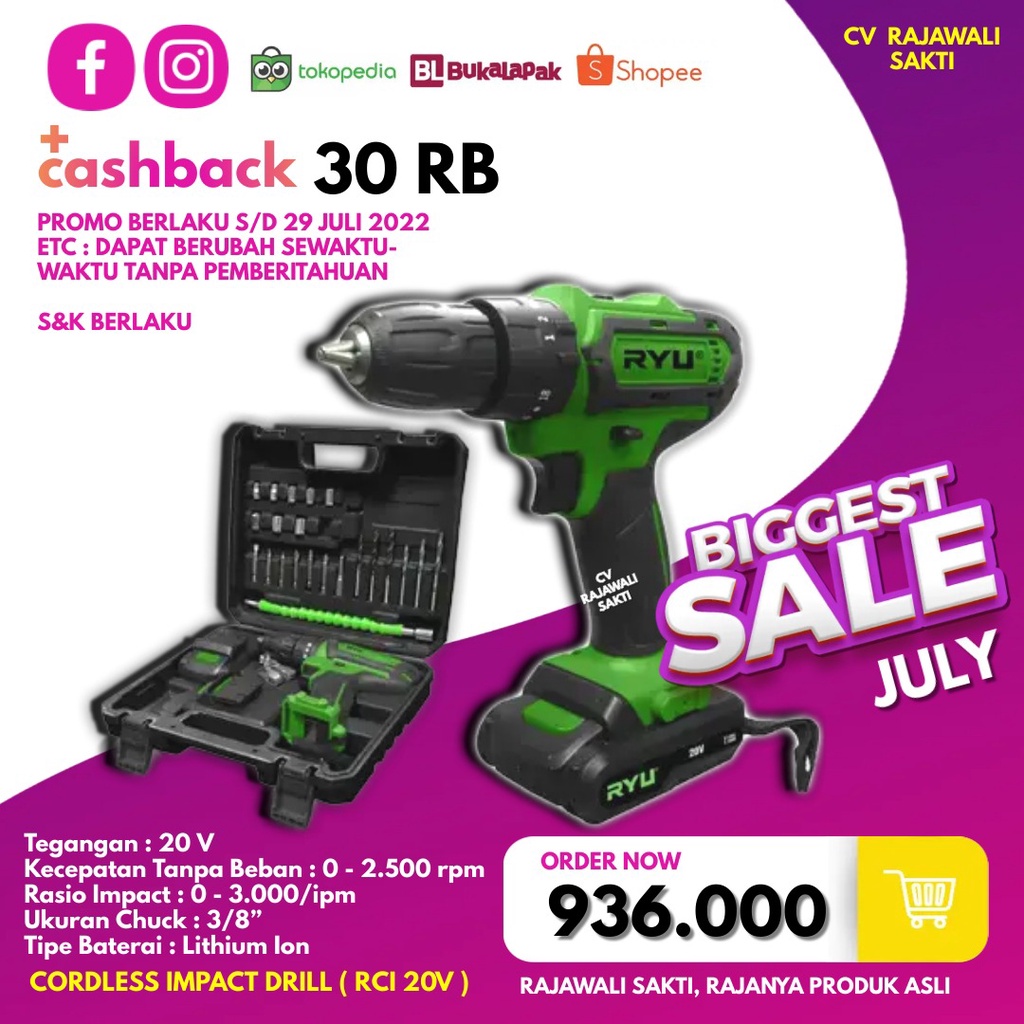 RYU MESIN BOR BATERAI 20 VOLT/CORDLESS IMPACT DRILL  RYU RCI 20V