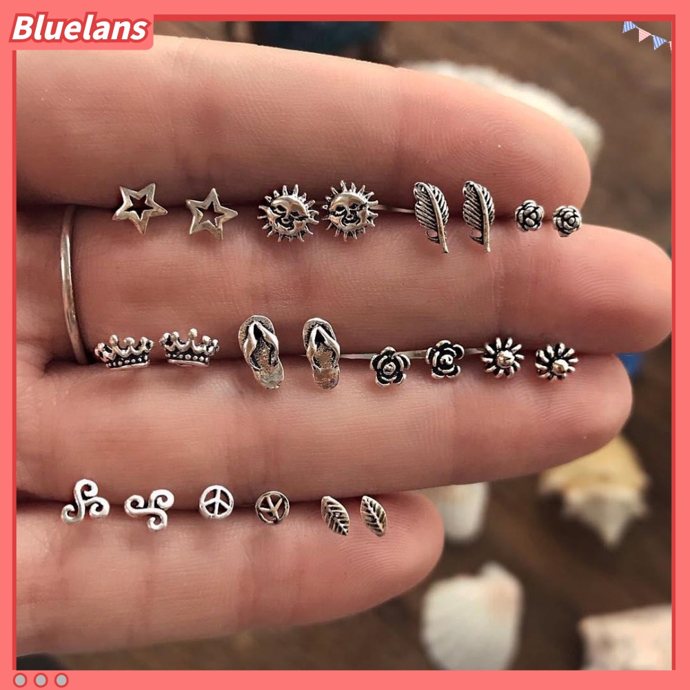 11 Pasang / Set Anting Stud Bentuk Bunga Daun Kecil Gaya Bohemia Untuk Wanita