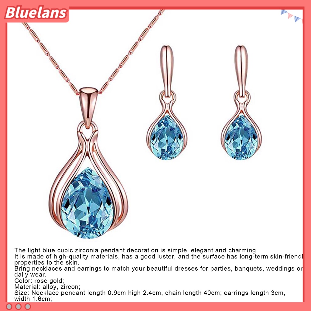 Bluelans Women Cubic Zirconia Water Drop Pendant Necklace Ear Stud Earrings Jewelry Set