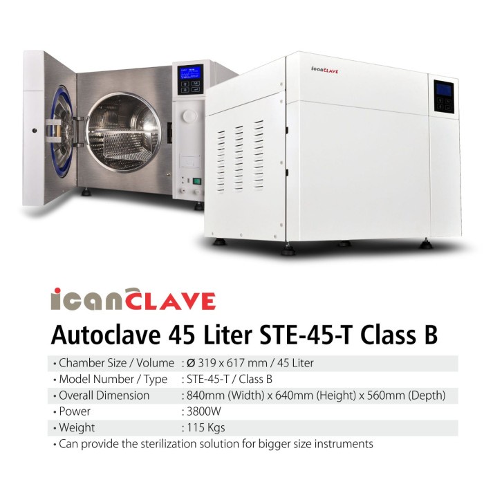 Autoclave IcanClave Steam Sterilizer STE 45 T Class B With Printer