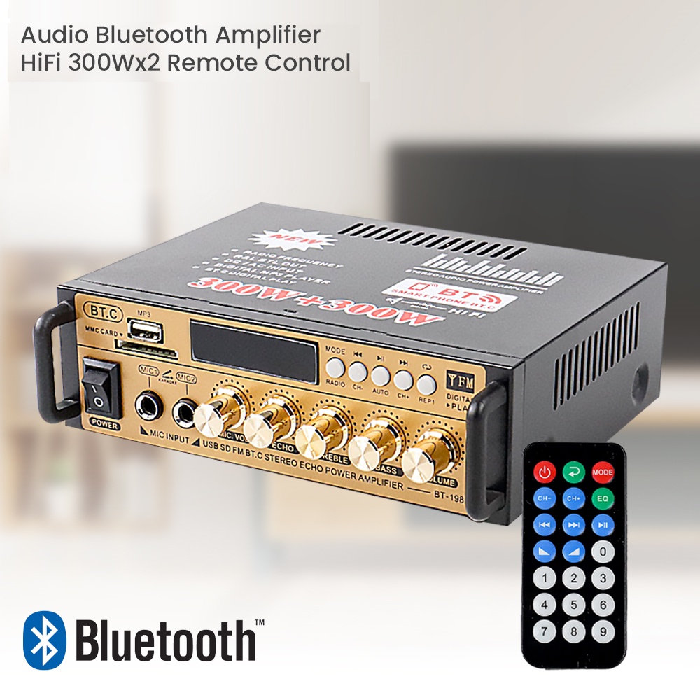 Audio Bluetooth Amplifier HiFi Stereo 300Wx2 with Remote Control - BT-198E - Black