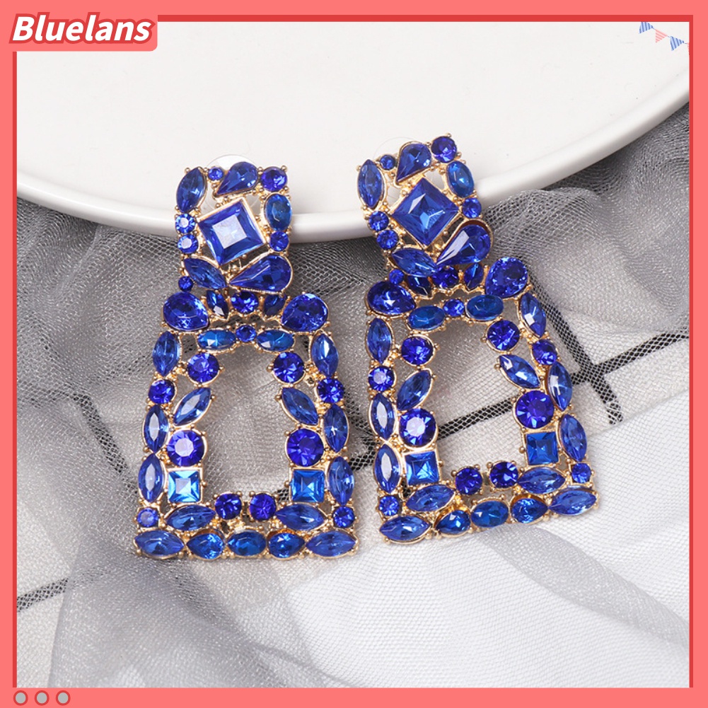 Anting Tusuk Gantung Desain Geometri Hollow Out Hias Berlian Imitasi Untuk Wanita