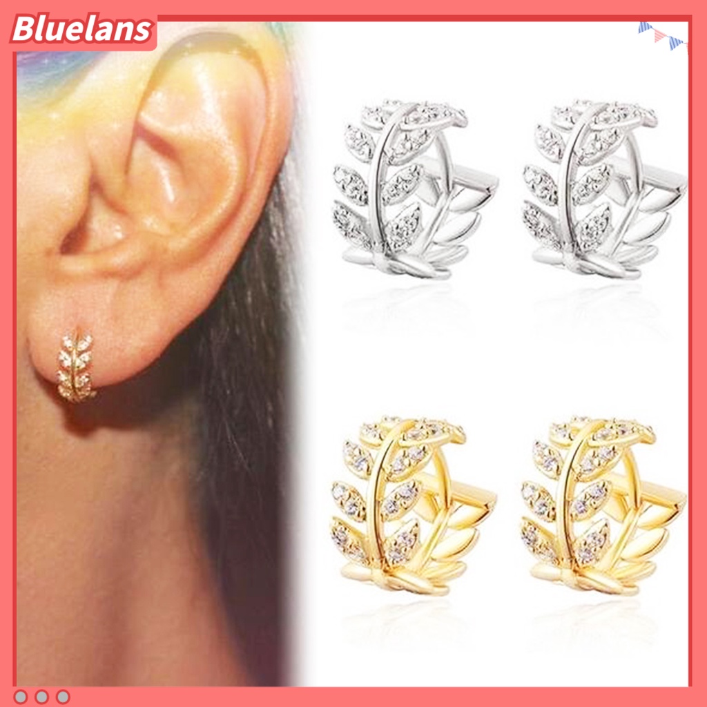 Bluelans Women Rhinestone Willow Leaf Temperament Ear Clip Piercing Earrings Jewelry