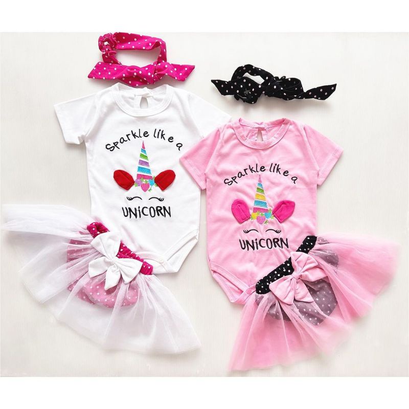 SETELAN BAJU JUMPER BAYI PEREMPUAN 0-18 BULAN+BANDO / SET JUMPER ROK TUTU FREE BANDO UNICORN / SETELAN BAJU BAYI CEWEK LUCU / SETELAN JUMPER ROK TUTU SPARKLE UNICORN