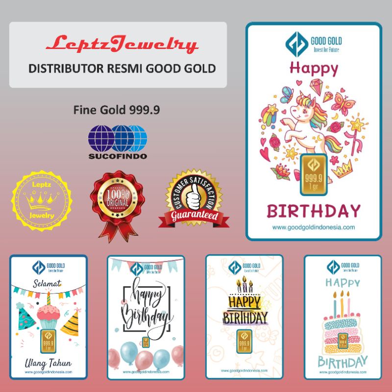 Logam Mulia Good Gold, gift series, emas 24 karta: 0,1 dan 0,25 gram edisi Happy birthday