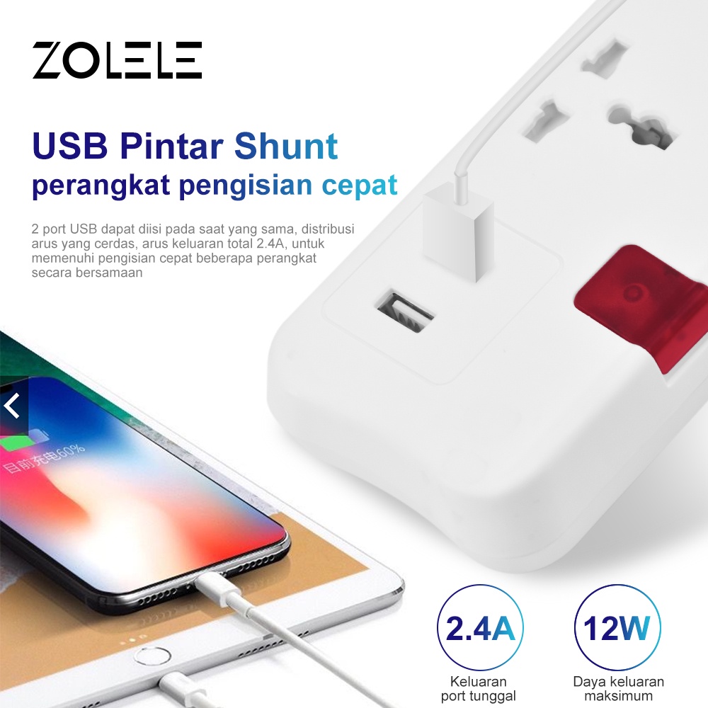 ZOLELE Stop Kontak Kabel Smart Colokan Listrik 3 Lubang Stopkontak 2 USB Port Power Strip 3M Soket Pengaman Lubang Saklar Timer Powerstrip ZK101