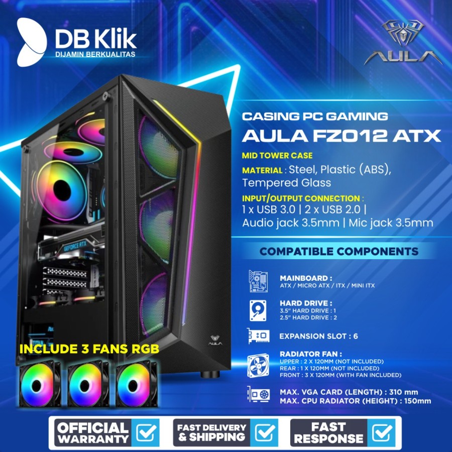 Casing PC Gaming AULA FZ012 ATX include 3 Fan RGB - Casing AULA FZ 012