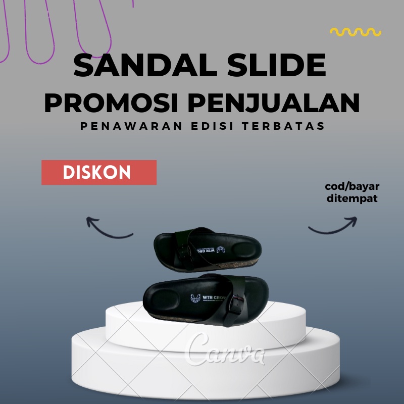 WTR CROW Sandal Slide Cewek Hitam, EVILLA FULL BLACK