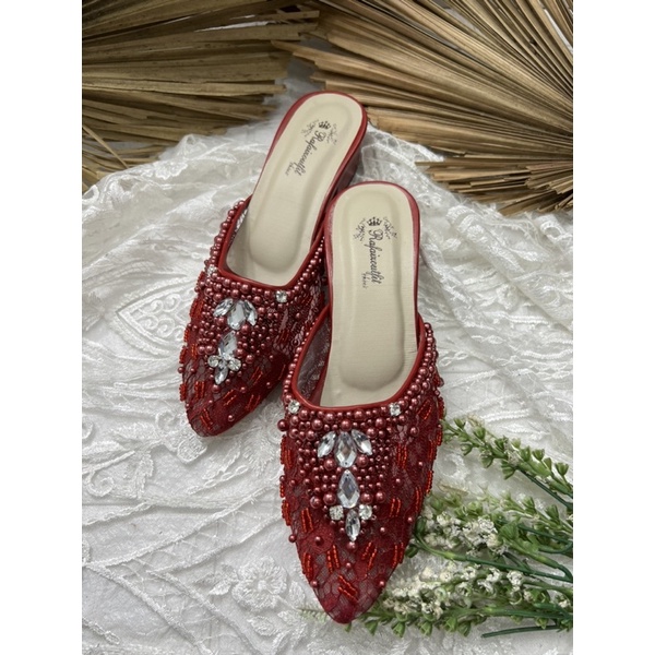 sepatu wedding Angela wanita merah marron tinggi 3cm tahu