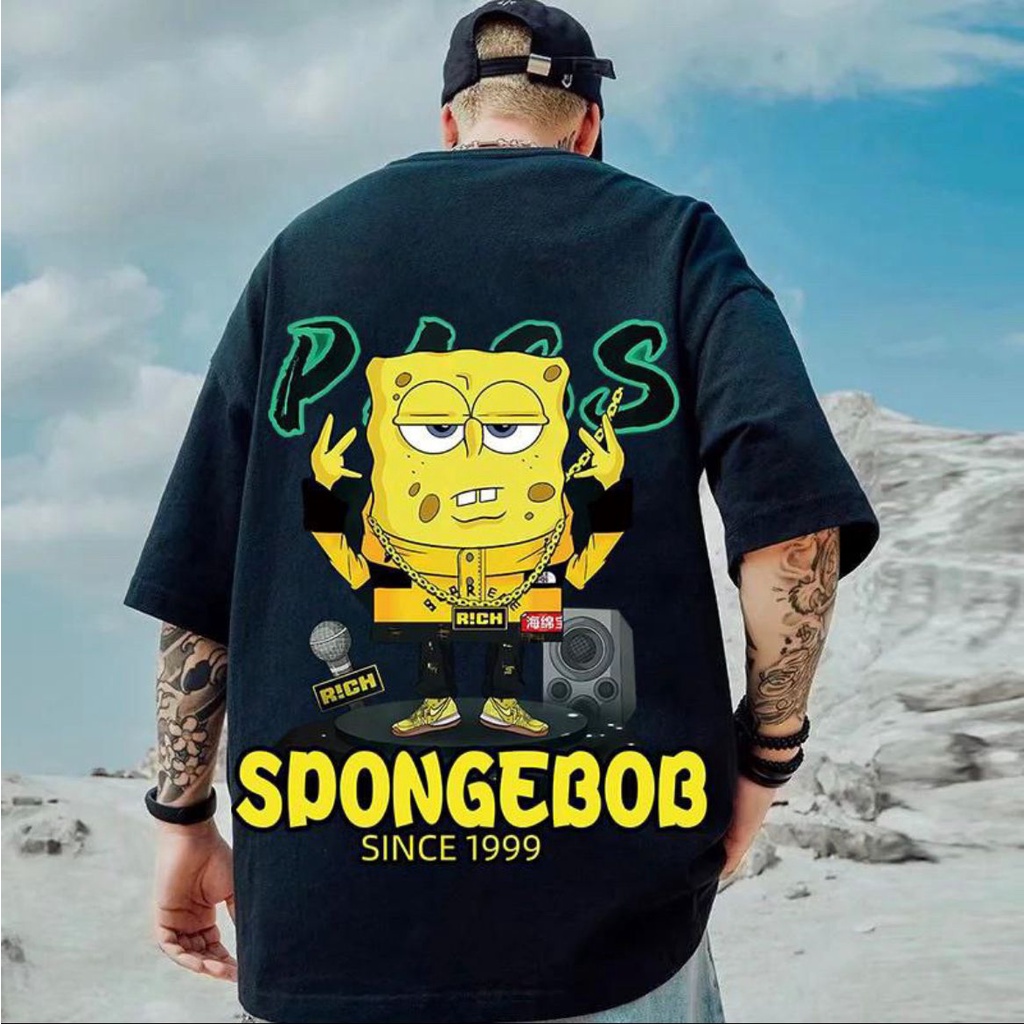 kaos Atasan Distro Unisex/kaos Oblong Pria dan Wanita/kaos unisex/KAOS SANTAI OBLONG MOTIF GAMBAR SPONGEBOB Warna Hitam Dan Putih/tersedia ukuran M,L,XL,XXL,KAOS TERBARU 2022