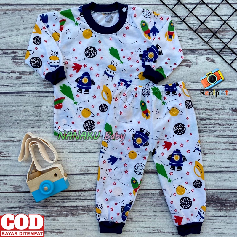 Setelan Baju Bayi Setelan Piyama Bayi Lengan Panjang Kancing Bahu Motif Rocket Usia 3-12 Bulan Anababy.id