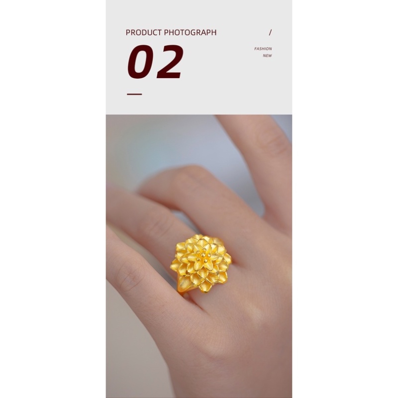 Goldkingdom Perhiasan Fashion Emas Asli Kadar 375 Bangkok Aksesoris Ready Stock Retro Besar Bunga Cincin Perempuan Pernikahan Duri Adjustable Ring