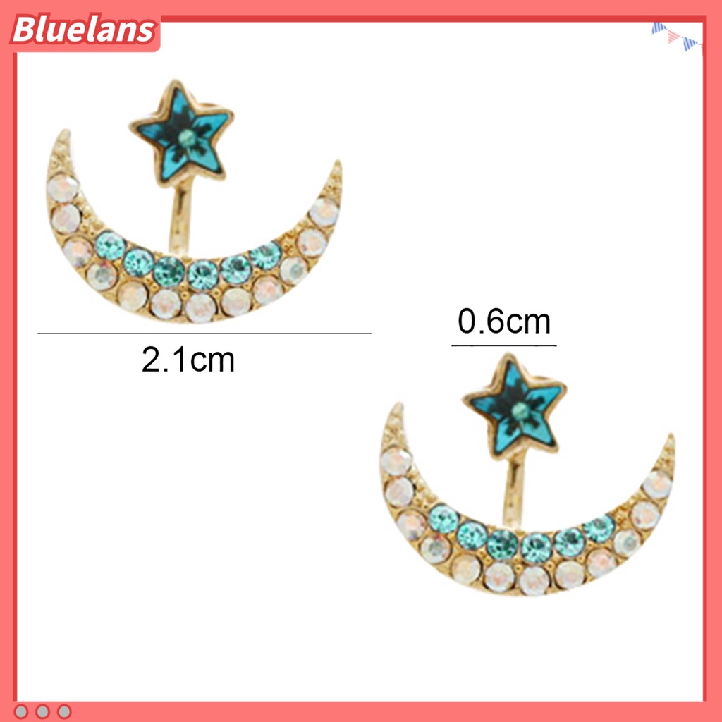 1 Pasang Anting Stud Bentuk Bulan Bintang Aksen Berlian Imitasi Bahan Alloy Untuk Wanita