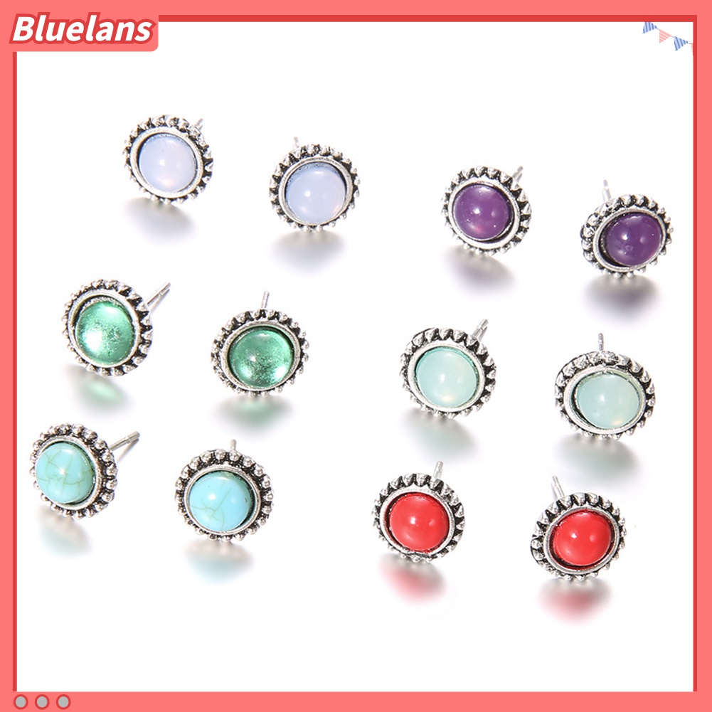 6 Pasang Anting Stud Bentuk Bulat Aksen Batu Permata Imitasi Gaya Vintage Untuk Wanita