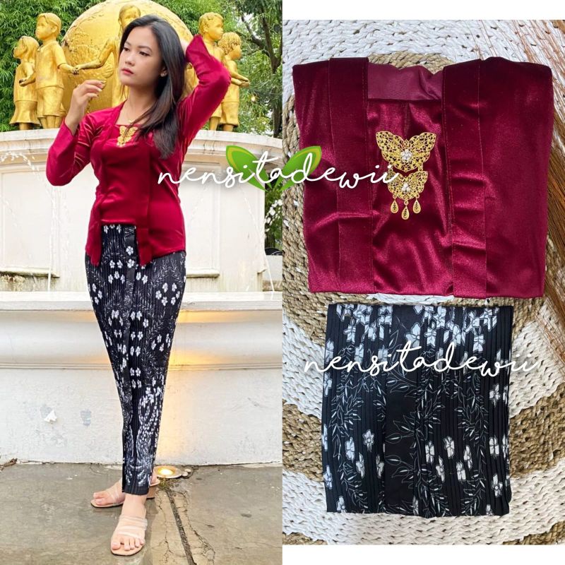 [Maroon] 1 SET Kebaya Kutubaru + Rok Plisket / Model Tifani