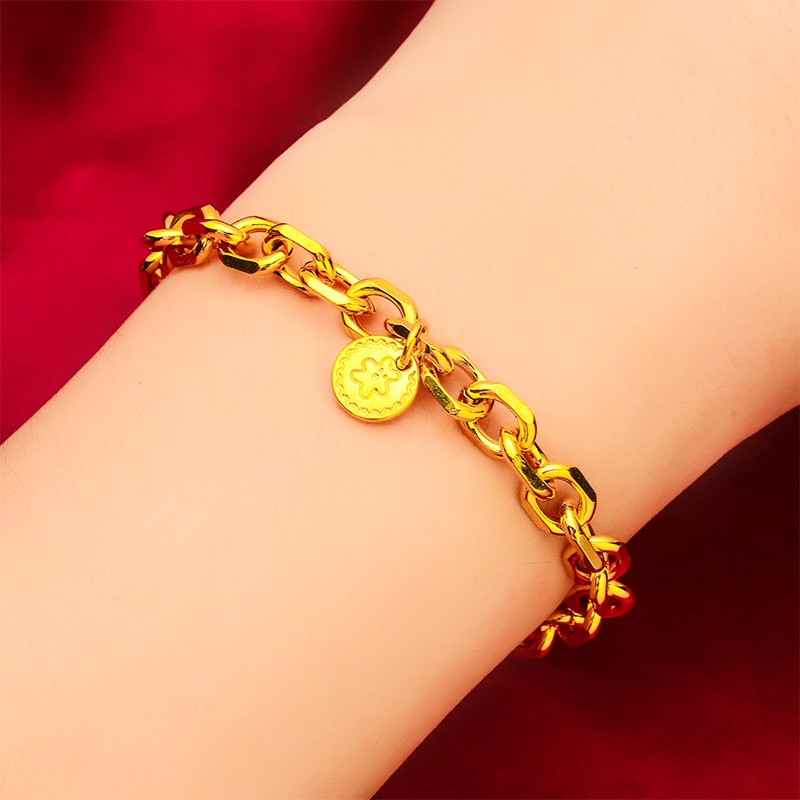 Goldkingdom Perhiasan Fashion Emas Asli Kadar 375 Bangkok Aksesoris Ready Stock Wanita Tebal Gelang Interlocking Sederhana Liontin Berkah Gelang