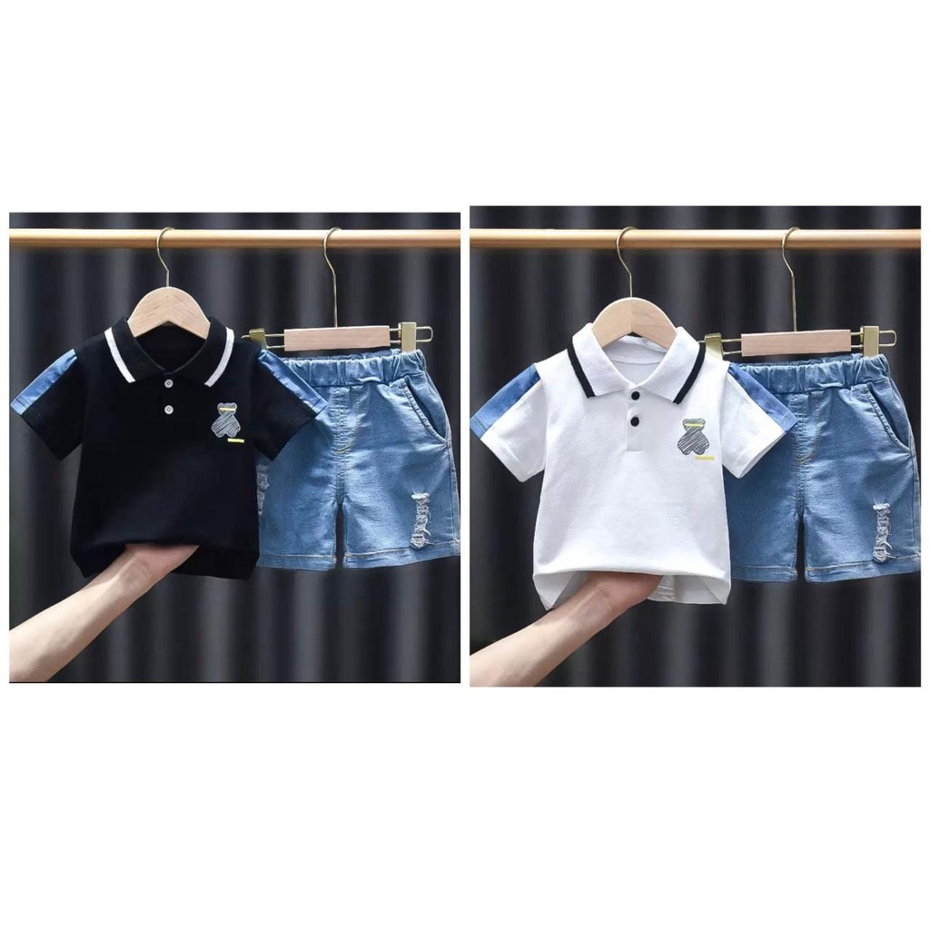 SETELAN BAJU ANAK MOTIF POLO BEAR DENIM-FASHION BAJU ANAK 6-10BLN 1-5THN LAKILAKI DAN PEREMPUAN-BAHAN COMBED BERKERAH DAN CELANA DENIM-ADA GAMBAR HEWAN NYA DISAMPING KANTONG BAJUNYA-TERBARU KEKINIAN DITAHUN INI