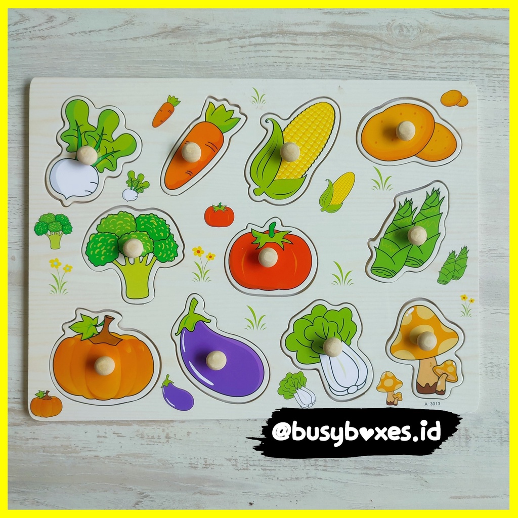 Busyboxes.id Mainan anak edukasi anak 1 2 3 tahun laki laki perempuan mainan edukasi Montessori puzzle jigsaw 3d kayu sayuran sayur mayur buah - jagung