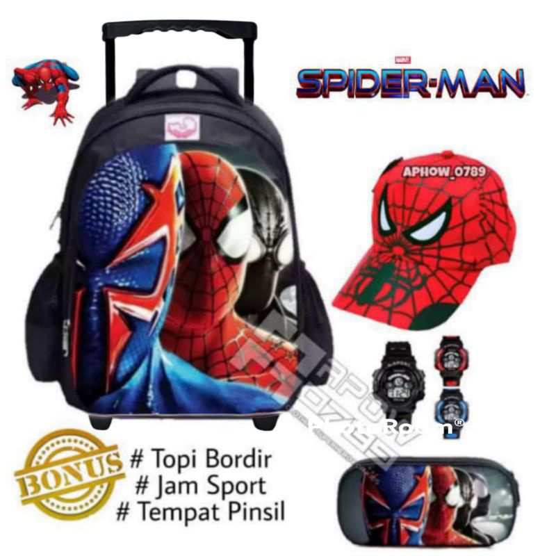 Tas ransel troli anak karakter superhero spiderman gratis topi jam tangan tempat pinsil - tas troli