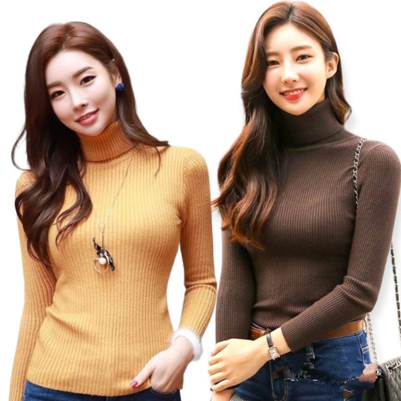 Daisy sweater rajut salur turtleneck wanita model korea/ Atasan lengan panjang rajut kerah tinggi