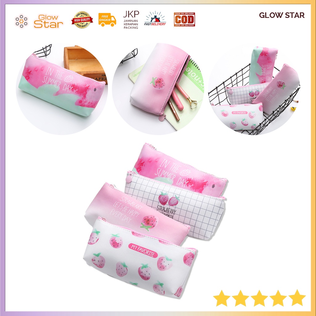 

TP8 Kotak Pensil Pinky Strawberry Tepak Lucu Kartun Sekolah Korea pink creame putih alat tulis Tas Penyimpanan Kosmetik Sekolahan Kantoran wadah bolpen