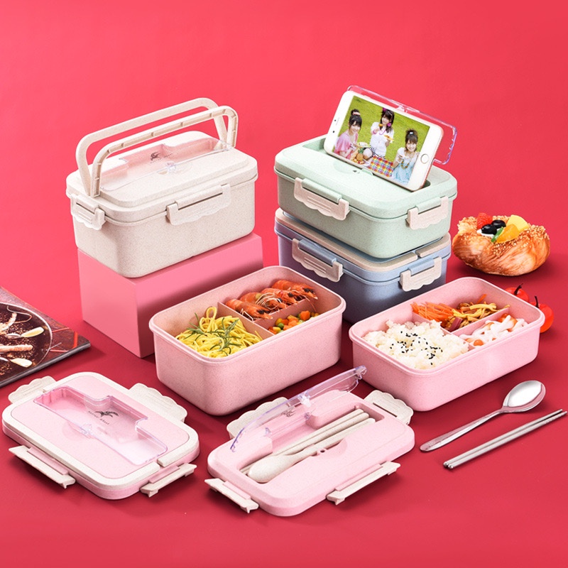 Lunch Box Set / Kotak Bekal Makan Jerami / Kotak Makan Anti Tumpah Free Sendok Garpu Sumpit / Tempat Makan 1000ml 4in1 Lunch Box Set Bento