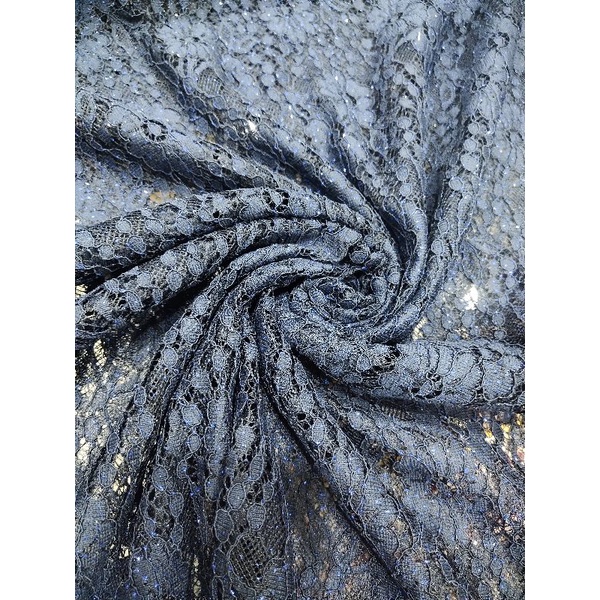 KAIN BROKAT MOTIF BUNGA WARNA NAVY GLITTER METERAN