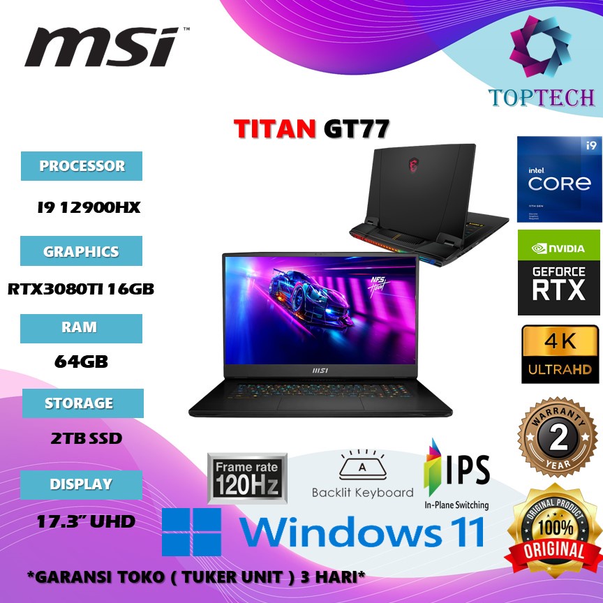Laptop Gaming Msi Titan GT77 - I9 12900HX RTX3080TI 16GB RAM 64GB 2TB SSD W11 17.3UHD 120HZ PKRGB